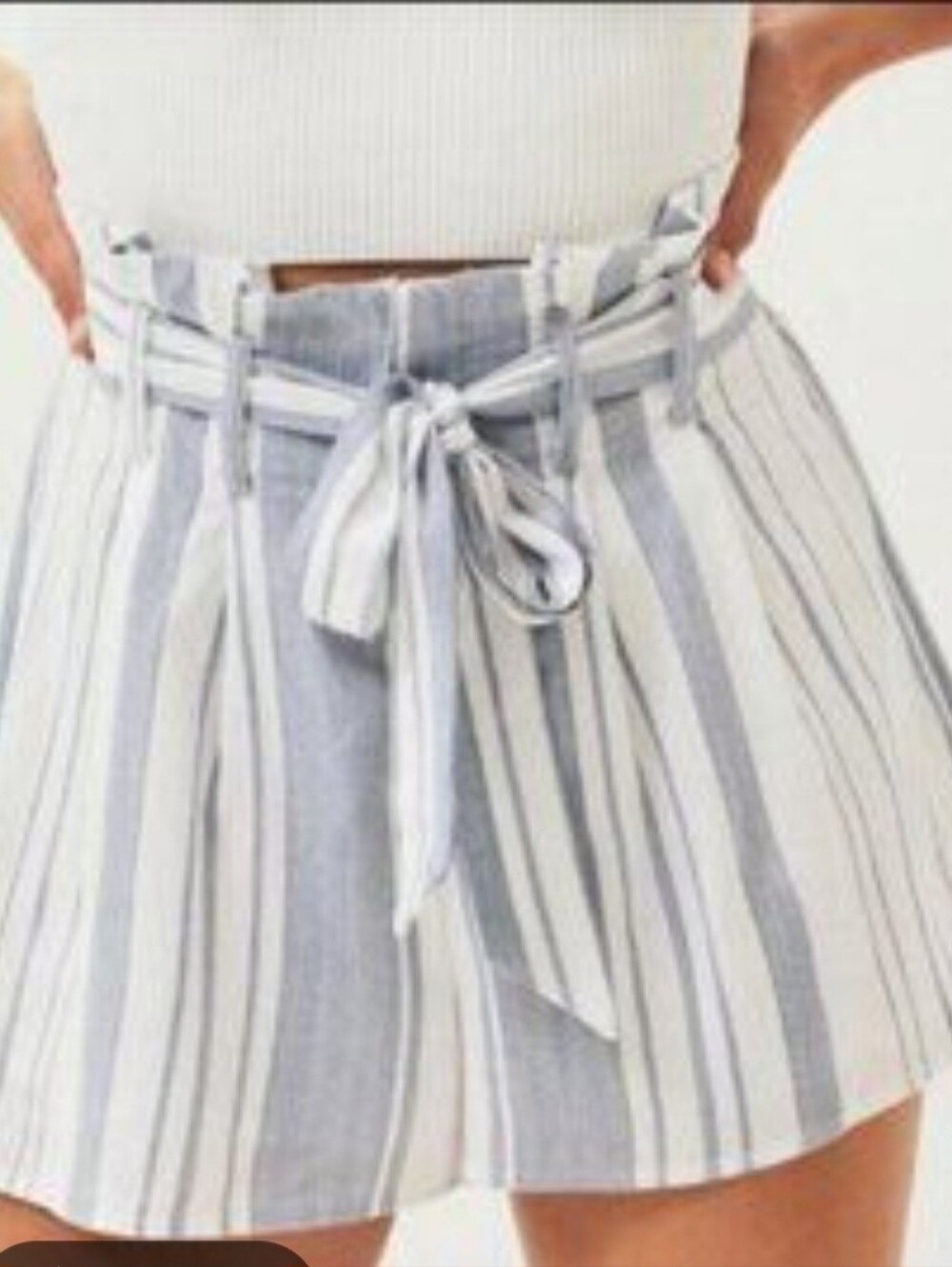 Boutique Striped Paperbag Tie-Waist Shortts - White & Blue Stripe
